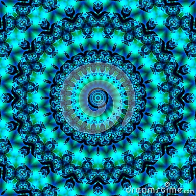 Floral kaleidoscopic pattern. Geometric ornament . Mandala . Abstract background in blue and green tones Stock Photo