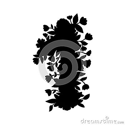 Floral lacy number one with flowers, leaves and herbal details. Black silhouette. Graphic design element for stickers, scrapbook, Vector Illustration