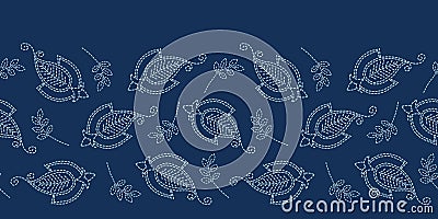 Floral leaf paisley motif sashiko style. Japanese needlework seamless border vector pattern. Hand stitch indigo blue boteh foulard Stock Photo