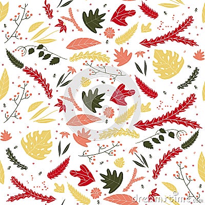 Floral leaves colorful seamless pattern in hand drawn style. Vector Illustration