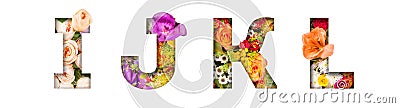 Floral letters. The letters I, J, K, L are made from colorful flower photos. A collection of wonderful flora letters for Stock Photo