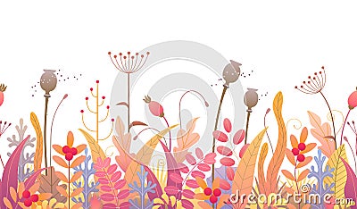 Floral Line Horizontal Seamless Border with Autumn Plants Vector Illustration