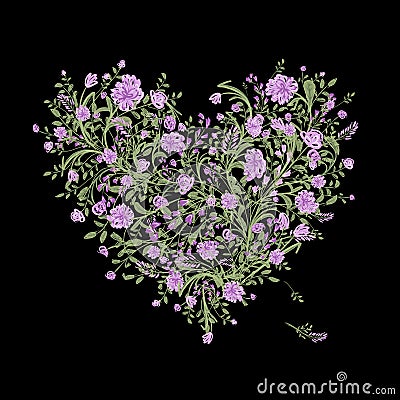 Floral love bouquet for your design, heart shape Vector Illustration