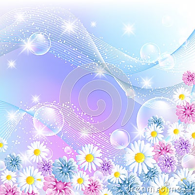 Floral magic background with bubbles and flowers Vector Illustration