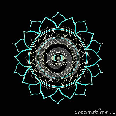 Floral mandala with evil eye in the center. Hand-drawn vector illustration isolated on black background Vector Illustration