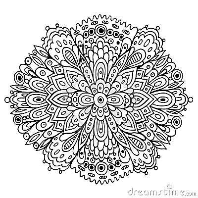 Floral mandala with flowers and leaves. Doodle fantasy coloring page for adults. Fantastic ornated trippy pattern. Psychedelic art Vector Illustration