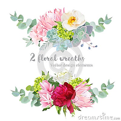 Floral mix wreath vector design set. Green, white and pink hydrangea, wild rose, protea, succulents, echeveria, burgundy red peony Vector Illustration