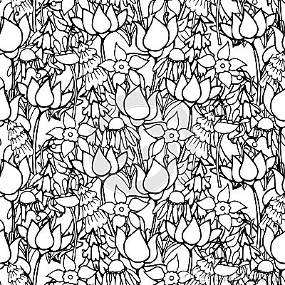 Floral monochrome endless pattern, hand drawn seamless background ink graphic art design elements Vector Illustration