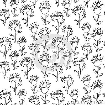 Floral monochrome endless pattern, hand drawn seamless background ink graphic art design elements stock vector Vector Illustration