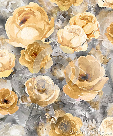 Monochrome watercolor gold decorative flowers on a dark background - a large pattern for wallpaper Stock Photo