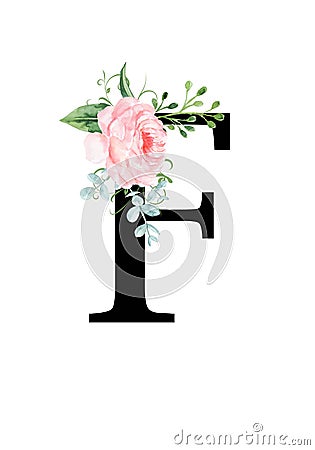 Floral monogram letter - decorated with a watercolor rose and leaves Stock Photo