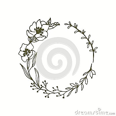 Floral monogram wreath with line art flowers and leaves Vector Illustration