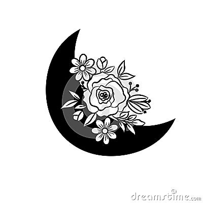 Floral moon bohemian vector outline illustration vector silhouette. Vector Illustration