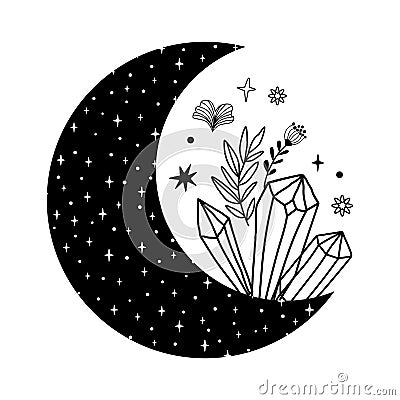 Floral moon logo. Beauty black moon tattoo. Celestial crescent with crystals. Hand drawing female element Cartoon Illustration