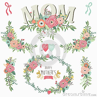 Floral Mother`s Day Elements Vector Illustration
