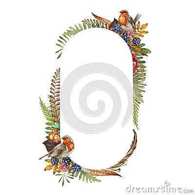 Floral natural oval frame. Robin bird on fall decoration. Hand drawn rustic elegant frame. Festive thanksgiving decor Stock Photo