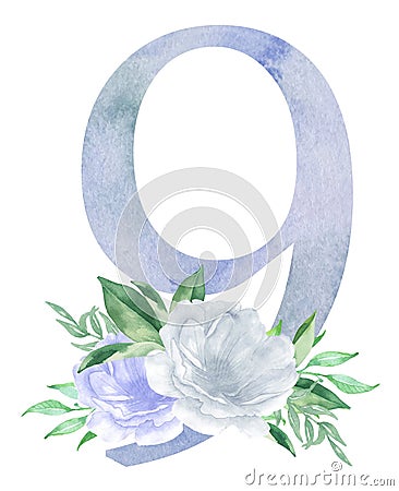 Watercolor blue floral number - digit 9 nine with flowers bouquet composition. Number 9 with flowers and greenery Stock Photo