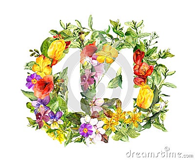 Floral number 14 fourteen from flowers. Watercolor illustration Stock Photo