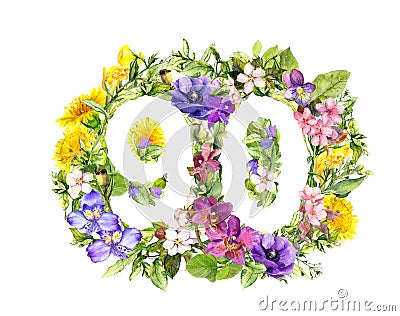 Floral number 90 ninety from wild flowers and meadow grass. Watercolor for anniversary card Stock Photo