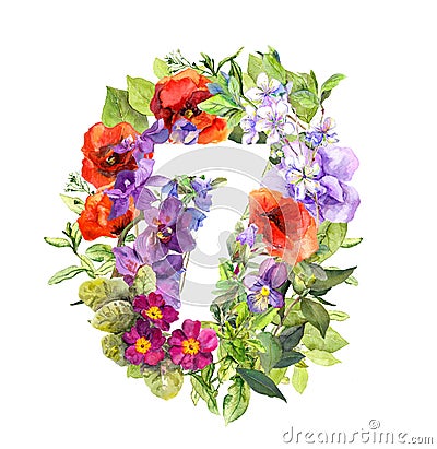 Floral number 7 - seven from wild flowers and grass. Watercolor Stock Photo