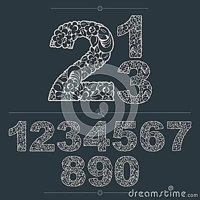Floral numbers drawn using abstract vintage pattern, spring leaves design. Monochrome vector digits created in natural eco style. Vector Illustration