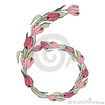 Floral numbers, hand-drawn vector numbers decorated with a botanical pattern. Vector Illustration