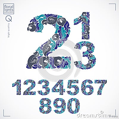 Floral numerals, hand-drawn vector numbers decorated with botanical pattern. Blue ornamental numeration, digits made in vintage d Vector Illustration