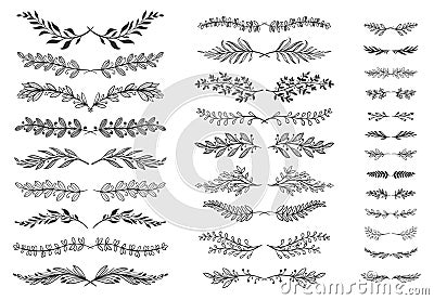 Floral ornament dividers. Ornamental leafs scroll decoration, decorative branch and hand drawn divider vector set Vector Illustration