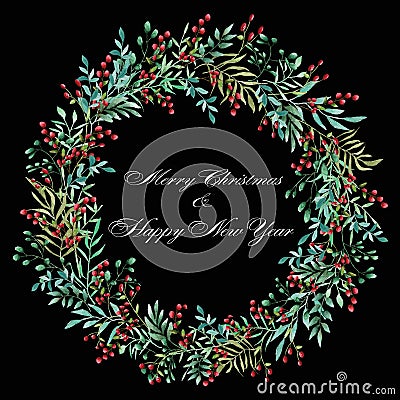Floral ornament of flowers of beautiful shades. Pattern from leaves of different plants and berries of lingonberry or cranberry. R Stock Photo