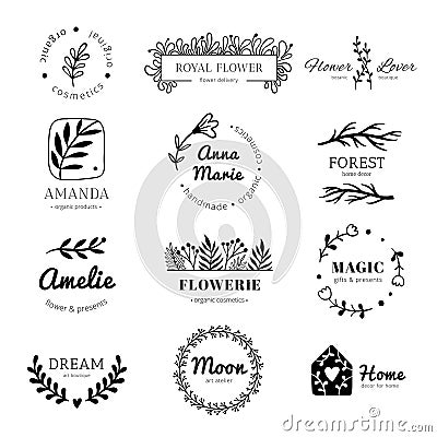 Floral ornament logo. Laurel leaves wreath frame, doodle flower leaf label and vintage flowers ornaments badges isolated Vector Illustration