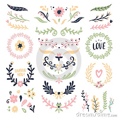 Floral ornament wreath. Retro flower swirl banner, wedding card flowers garland frames and ornamental dividers isolated Vector Illustration