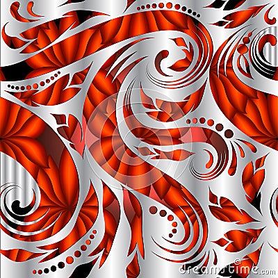 Floral ornamental colorful 3d vector seamless pattern. Textured silver background. White repeat surface backdrop. Red and black Vector Illustration