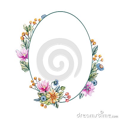 Floral oval frame of watercolor wildflowers Stock Photo