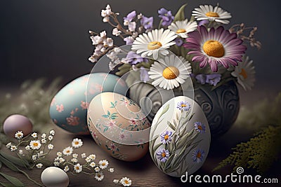 Floral Painted Easter Eggs. Holiday decoration spring celebration background Generative AI Stock Photo