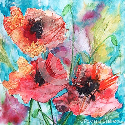 Floral painted poppy landscape with buds and blue sky illustration with background Ink and watercolor painting. Cartoon Illustration