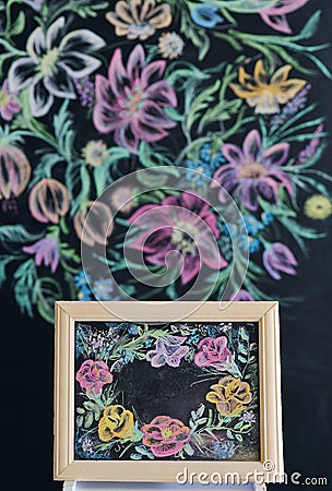 Floral painting on chalk wall Stock Photo