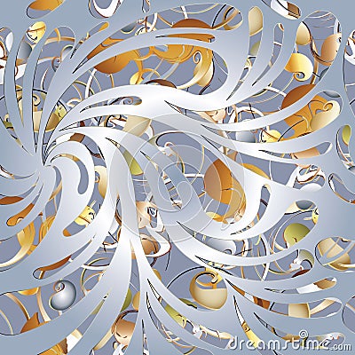 Floral paisley 3d seamless pattern. Vector silver background wit Vector Illustration