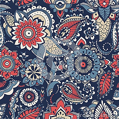 Floral paisley seamless pattern with colorful folk oriental motifs or mehndi elements on blue background. Motley Vector Illustration