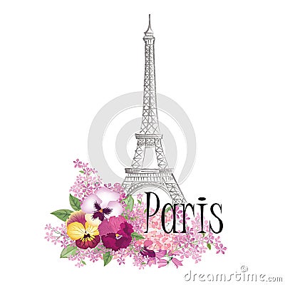 Floral Paris Illustration Famous Paris landmark Eiffil Tower. Stock Photo