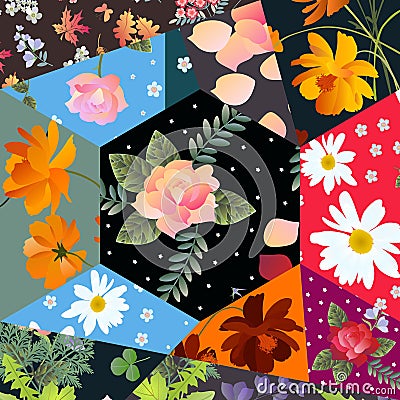 Floral patchwork pattern with roses, cosmos and bell flowers, daisies and leaves Stock Photo
