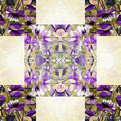 Floral patchwork quilt seamless pattern. Ornate geo swatch for exotic nature wallpaper. Cottagecore flower petal hand Stock Photo