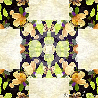 Floral patchwork quilt seamless pattern. Ornate geo swatch for exotic nature wallpaper. Cottagecore flower petal hand Stock Photo