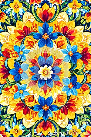 A floral pattern art of colorful petals and lush folliage, vibrant blooms amd blossoms, flower design, radiant beauty Stock Photo