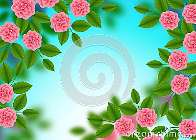 Floral Pattern with of Blooming Pink Roses on blue Blurred Bokeh Background. Wildflowers and Peonies bouquet. Vector illustration Vector Illustration