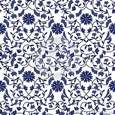 Floral pattern. Blue and white ceramic pattern. Porcelain pattern background design. Great for wallpaper, gifts, textile. Vector Illustration