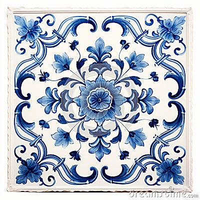 Vintage Delft Tile With Baroque Fusion Floral Design On White Background Stock Photo