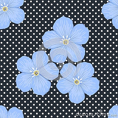 Floral pattern on a dark blue background with polka dots. Seamless sample with big blue flowers Vector Illustration