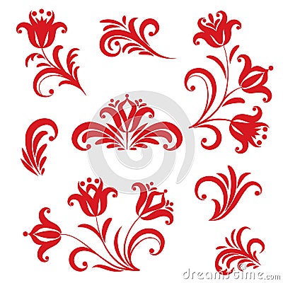 Floral pattern design element set. Ornamental flowers in russian Stock Photo