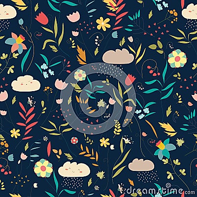 Floral pattern with flowers, leaves and clouds Vector Illustration