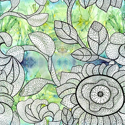 Seamless floral pattern. Flowers on a watercolor background. Abstract wallpaper with floral motifs. Flower composition. Stock Photo